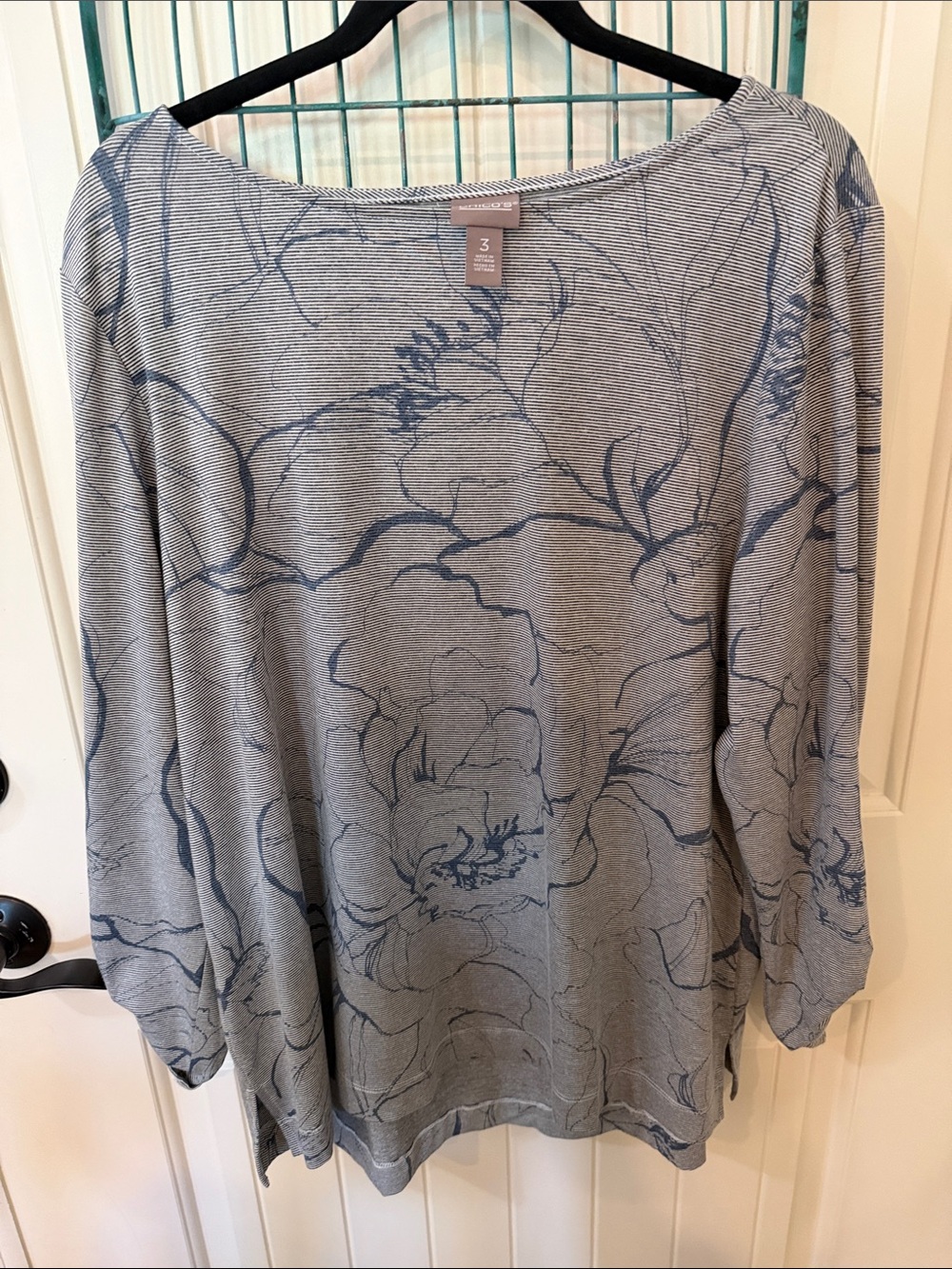 Chico's Blue Floral Long Sleeve Boatneck Top